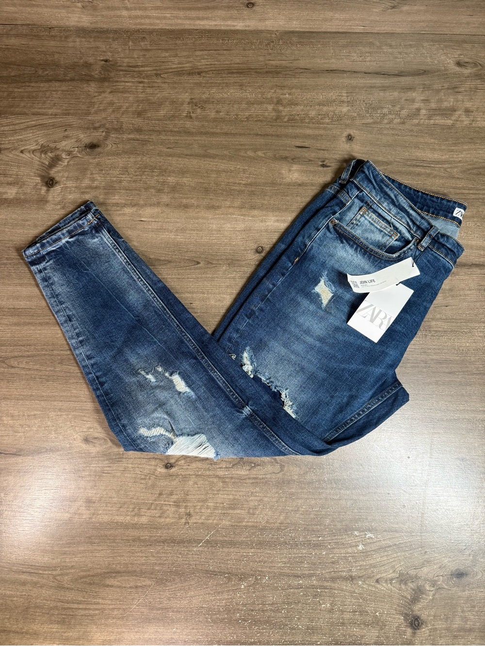 NWT ZARA Mens 34 Button Fly Skinny Fit Ripped Distressed Jeans Blue 6688/330/407